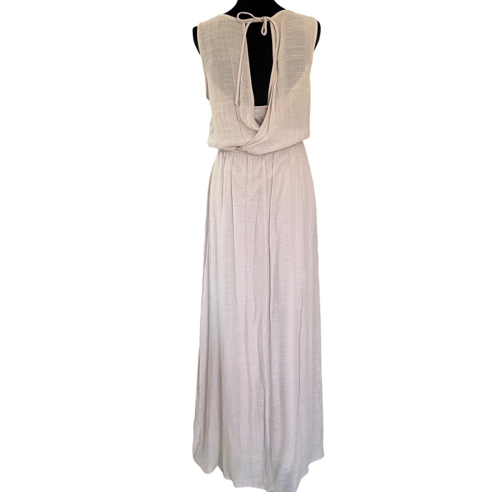 Womens L-XL Taupe Beaded Sequin Neckline Sleeveless Maxi Dress Cowl Back - Picture 3 of 10